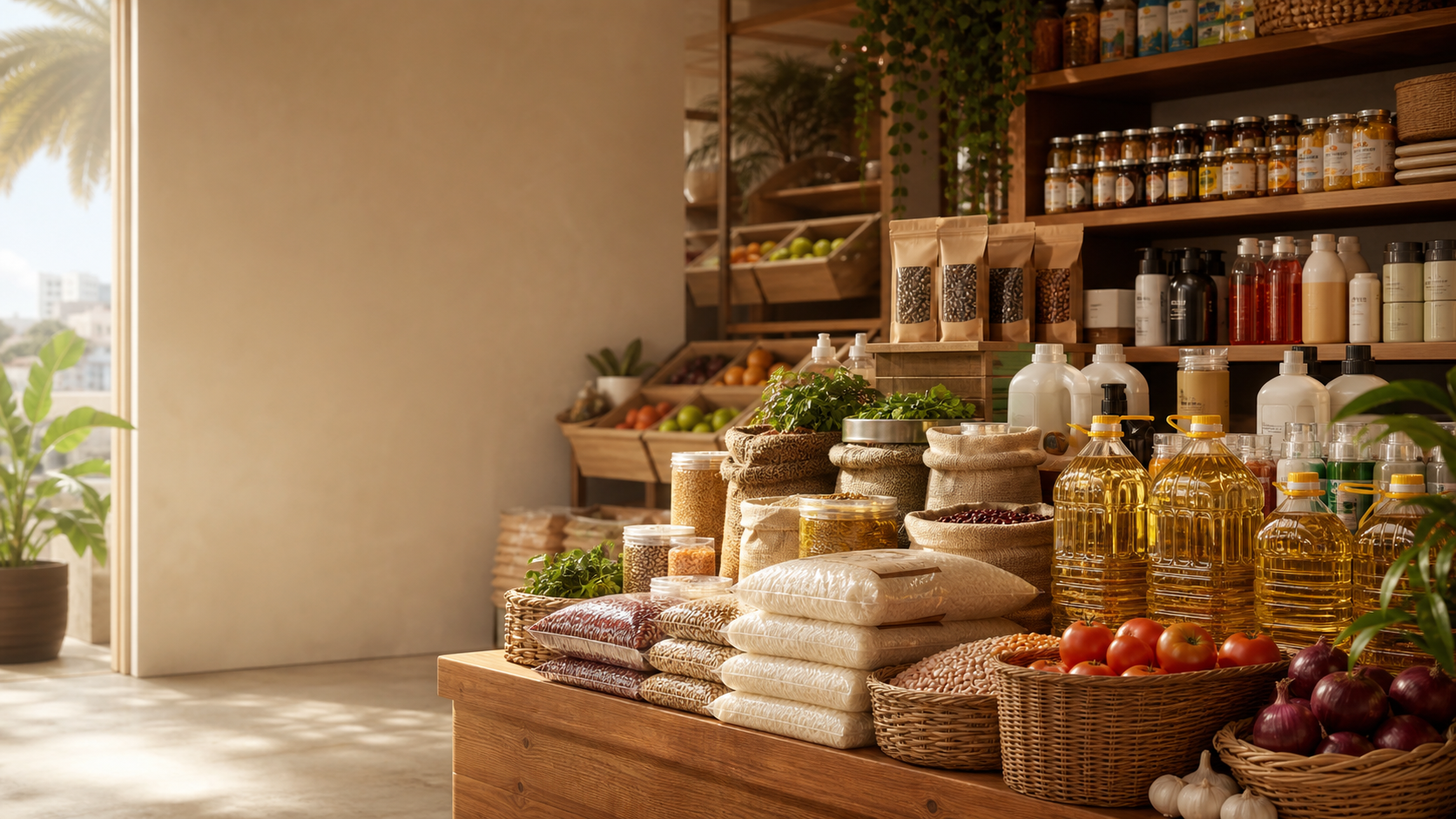 Mercearia com alimentos, bebidas e produtos essenciais para casa